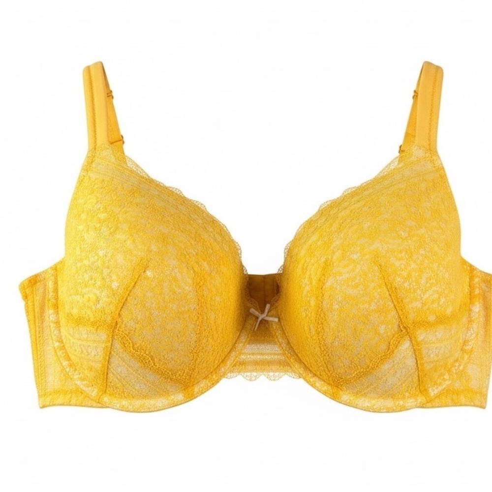 Cacique 44D Lace T Shirt Bra Yellow Lace Overlay Full Coverage Underwire Vibrant